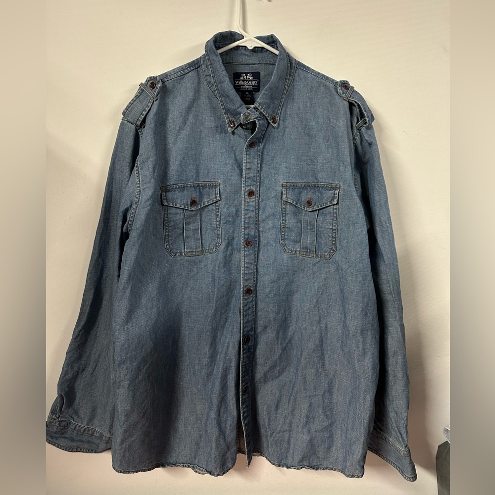 Vintage Willis & Geiger Shirt Mens XL Denim Button Up Safari Epaulet Pockets